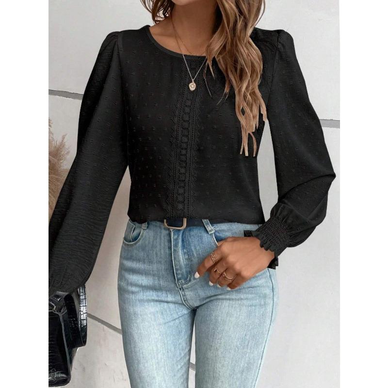 Elegante Dames Ronde Hals Kant Blouse Nieuw Lange Mouw Kantoor Casual Shirt Effen Kleur Tops Lange Mouw Lente Herfst Eenvoudige Zoete Kleding