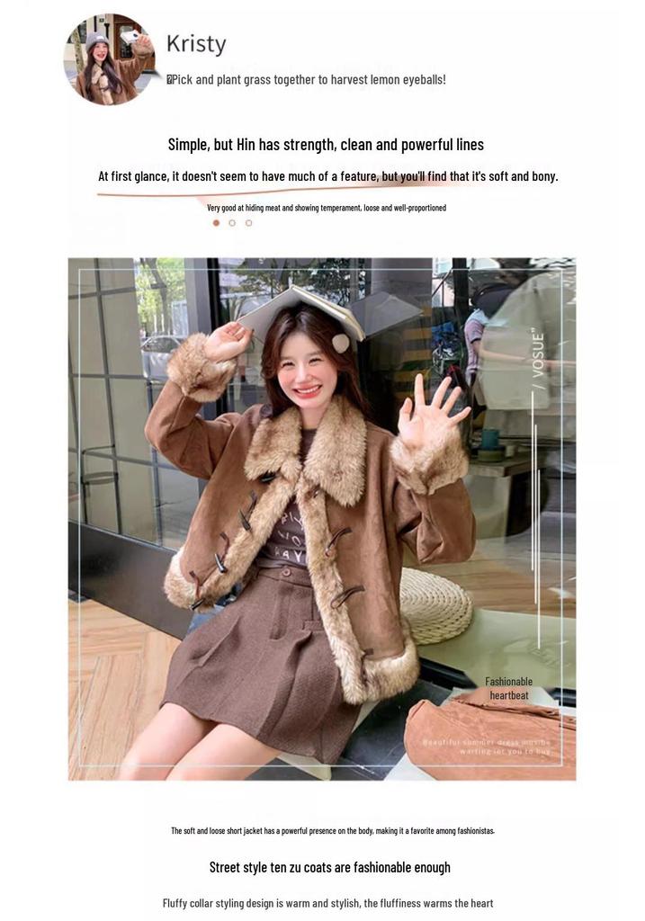 Women's Retro Suede Fur-Trim Horn Buckle Jacket - 2025 Autumn/Winter Collection