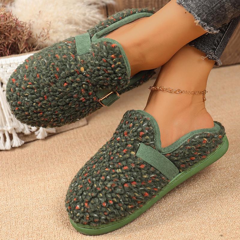 Fashion Fashion Mix Color Plush Slippers Women Round Toe Slip On House Cotton Slippers Woman Winter Buckle Strap Detor Fur Slides Ladies