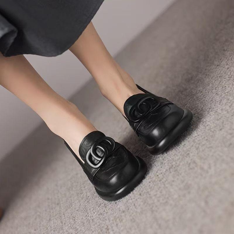 Spring platform round head loafers deep mouth British style retro small leather shoes women's shoes