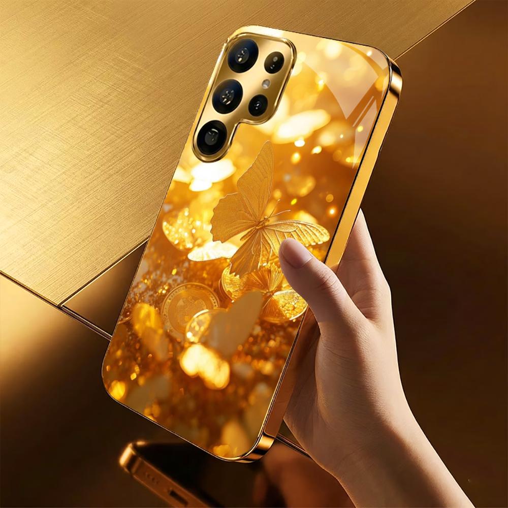 Goldener Schmetterling Glas Handyhülle für Samsung Galaxy S26 S25 S24 S23 S22 FE Ultra Plus Eingebautes Glas Gold Exquisit Wunderschön