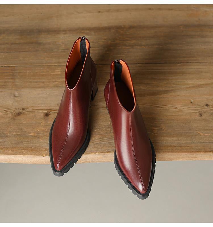 French Retro Pointed Toe Chunky Heel Ankle Boots for Women - Soft Leather, Thick Sole, Nude High Heel, Short Shaft, Autumn Style.