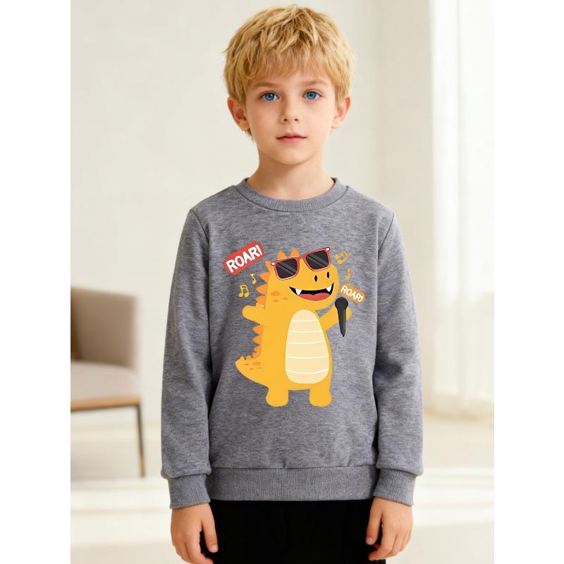 European Sizes Kids' Stylish Sweatshirt, Round Neck Pullover for , Featuring a Singing Dinosaur Print, Suitable for Casual Wear And Outdoor Activities