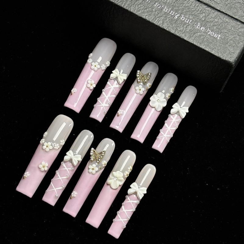 Long Style 3D Embossed Bow Nail Tips Handmade Press-On Nails Women Floral Butterfly Design Small