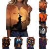 Damen Casual Halloween Print V-Ausschnitt Knopfleiste Dreiviertelarm T-Shirt Top für den Herbst