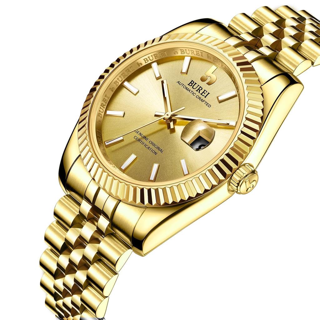BUREI Men's Automatic Mechanical Watch, Waterproof, Analog, Popular for Business, Date Display, Gold, Stylish, Simple, Luminous Watch