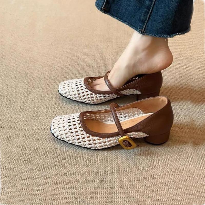 Retro soft leather hollow cool single shoes for women's new square head thick heel with skirt weaving shallow mouth Mary Jane shoes for women