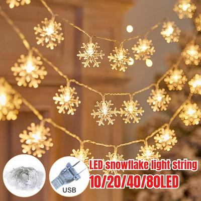 Luci Stringa Fiocchi di Neve di Natale 10/20/40/80 LED Alimentate da USB Luci Fatate Impermeabili Decorazione Camera da Letto Giardino Festa