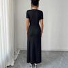 European and American New V-neck Crossed Metal Buckle Pleated Waist High Split Dress Women's Summer Dress