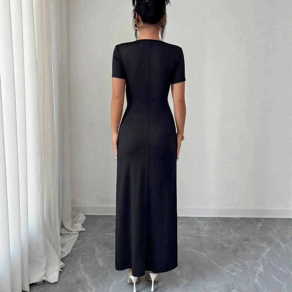 European and American New V-neck Crossed Metal Buckle Pleated Waist High Split Dress Women's Summer Dress