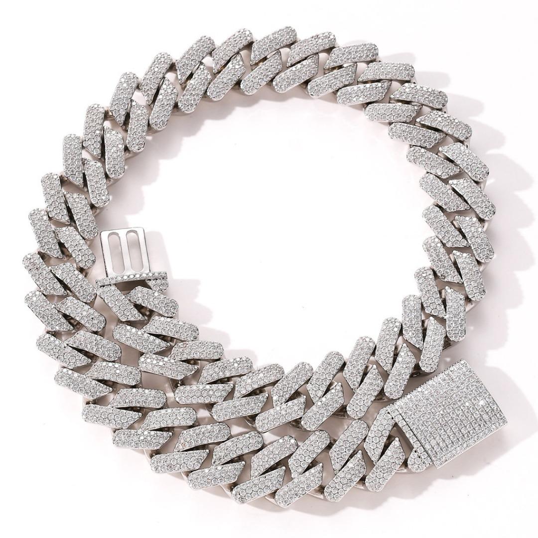 

European and American hip hop 20mm rhombus Cuban necklace blue pink three rows full of diamonds zircon men s high sense ruffian handsome jewelry 7inch bracelet (length 18cm)