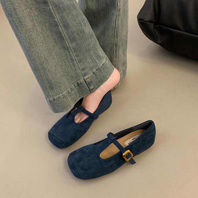 Korean Version of Retro Flat Bottom Square Head Single Shoes Women's 2025 Autumn New Flat Bottom Soft Bottom Soft Surface Shallow Mouth Mary Jane Wo