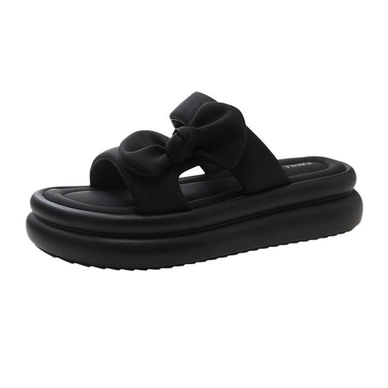 

Fashion Fashionable Cool Slippers 2025 New Soft Leather Thick Sole Bow Tie for Wearing on The Beach Daily Slippers 40 чёрный