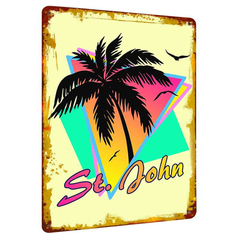

St John Custom Metal Wall Art Palm Tree Tropical Beach Decor with Retro Geometric Design for Home Decoration 20x30cm（7.8x11.8inch）