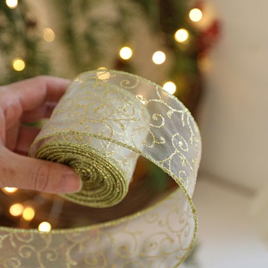 Transluzentes Polyesterband für Schleifen 2,5" x 2,2 Yards Gold Durchsichtig Weihnachtsbaumdekoration und Geschenkverpackung Verpackung, Netzstoff DIY Bastelarbeiten Floral