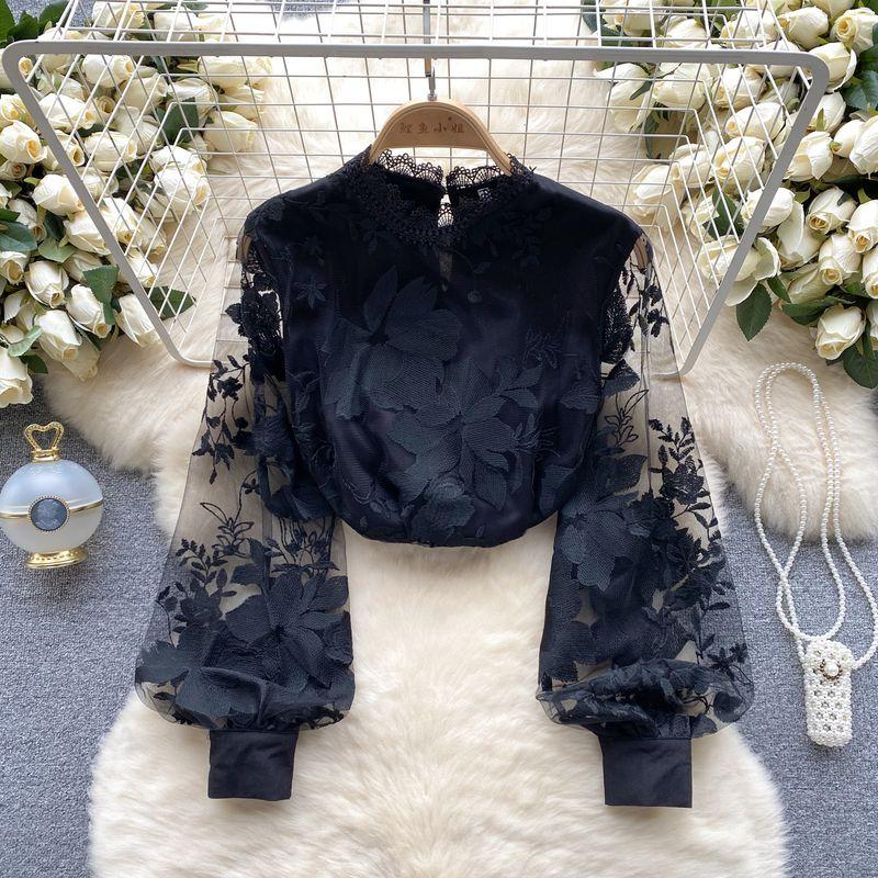 

Кружевные рукава-фонарики Прозрачная рубашка Женская мода Нарядные топы Свободная Приталенная и Универсальная Шикарная Доступная Роскошь Рубашка Мода Black S