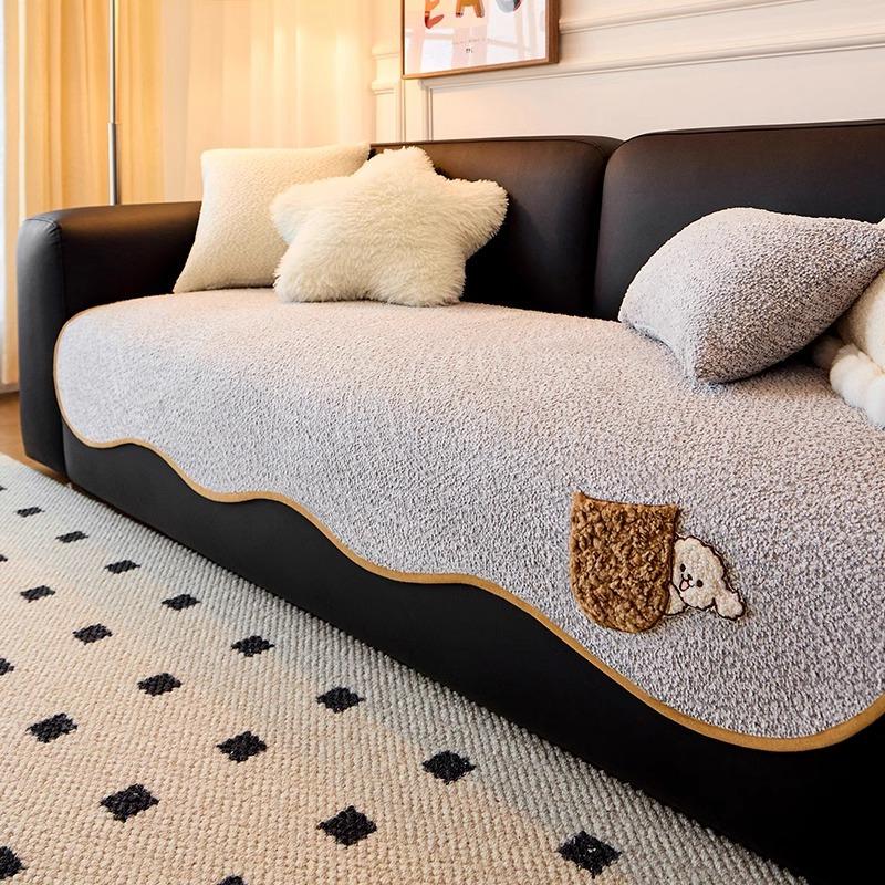 

Премиальная кожаная накладка на диван особой формы, мультяшный карман, щенок, всесезонная, нескользящая, из шенилла, защита от царапин кошек 90*90cm