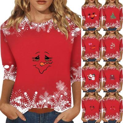 3/4 Sleeve Shirts For Women Print Tees Blouses Casual Plus Size Basic Tops Pullover