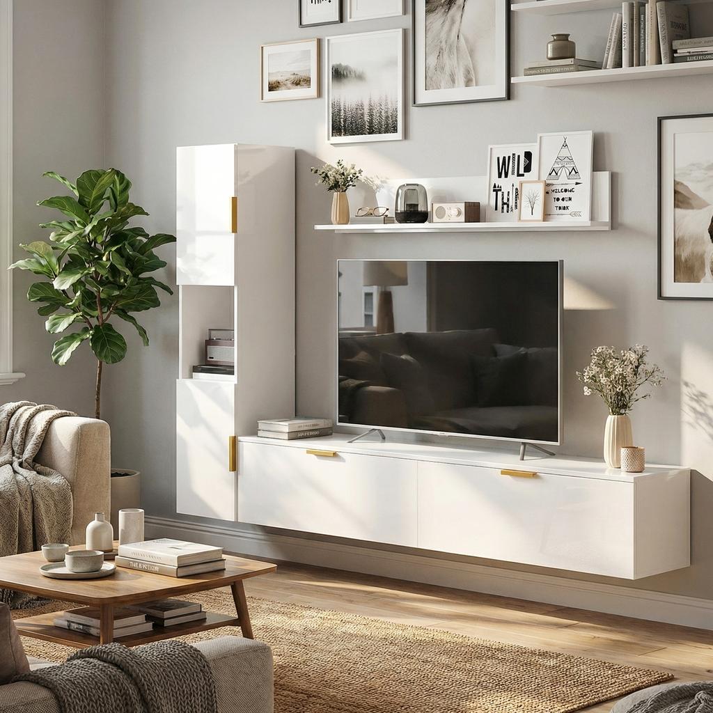 Floating TV Stand with Fold-down Doors Entertainment Center Wall Shelf Cabinet 180 cm High Gloss White