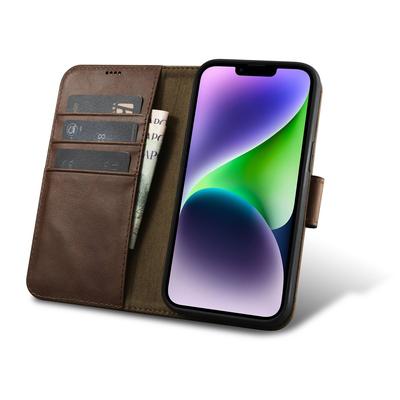 2in1 Leather Flip Case iPhone 14 Plus AntiRFID Oil Wax Wallet Case Dark Brown
