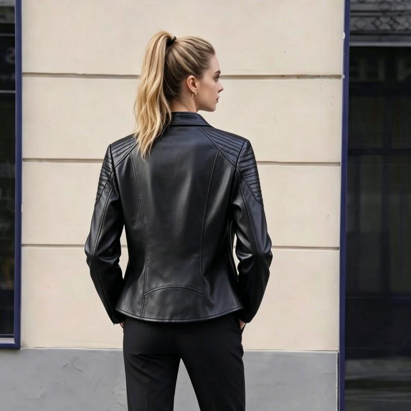 Womens Slim Fit PU Leather Jacket Stand Collar Zip Pockets Classic Streetwear
