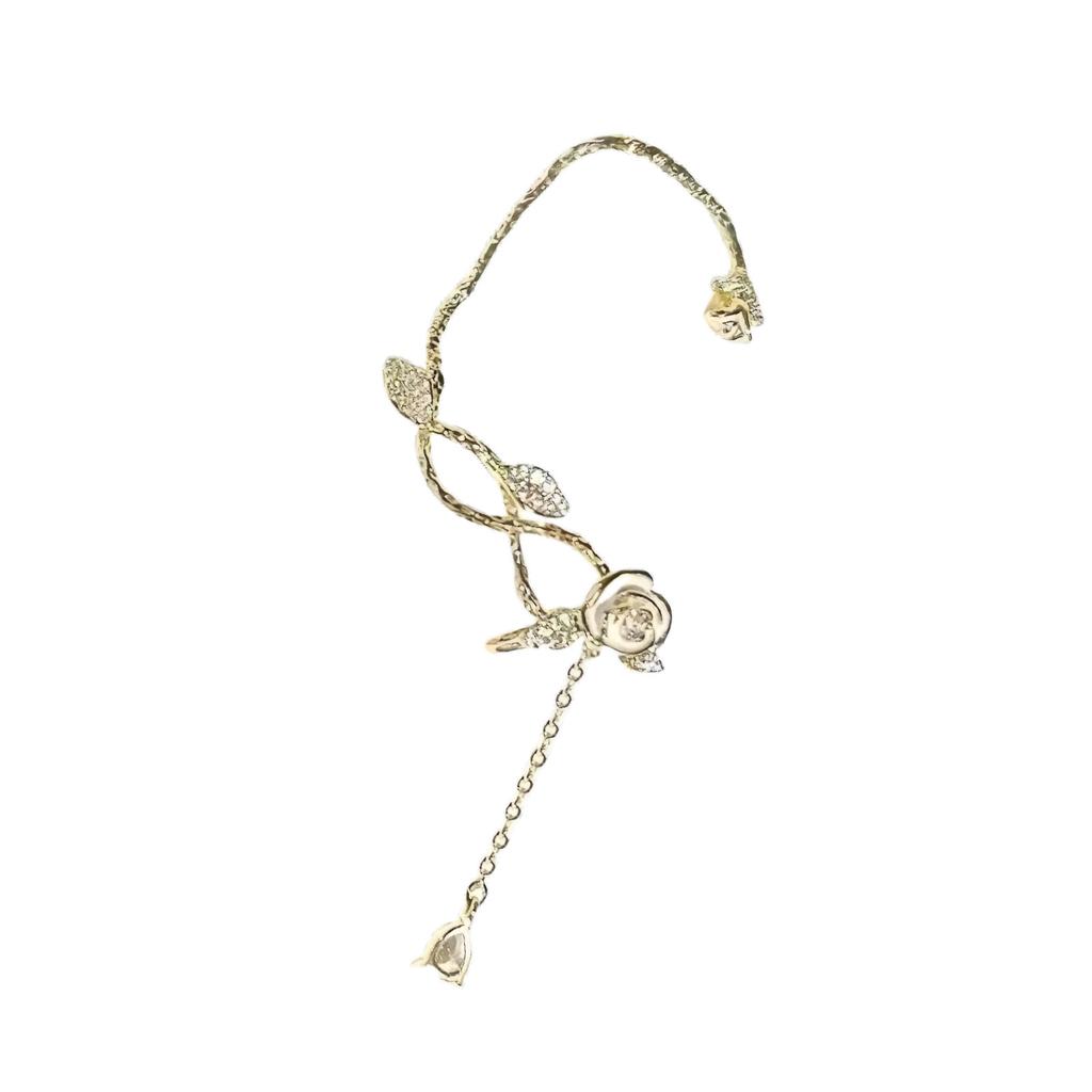 Elegant Camellia and Tassels Ear Cuff Sparkling Zircon Flower Clip On Earring Accessory for Women Fashion Jewelry