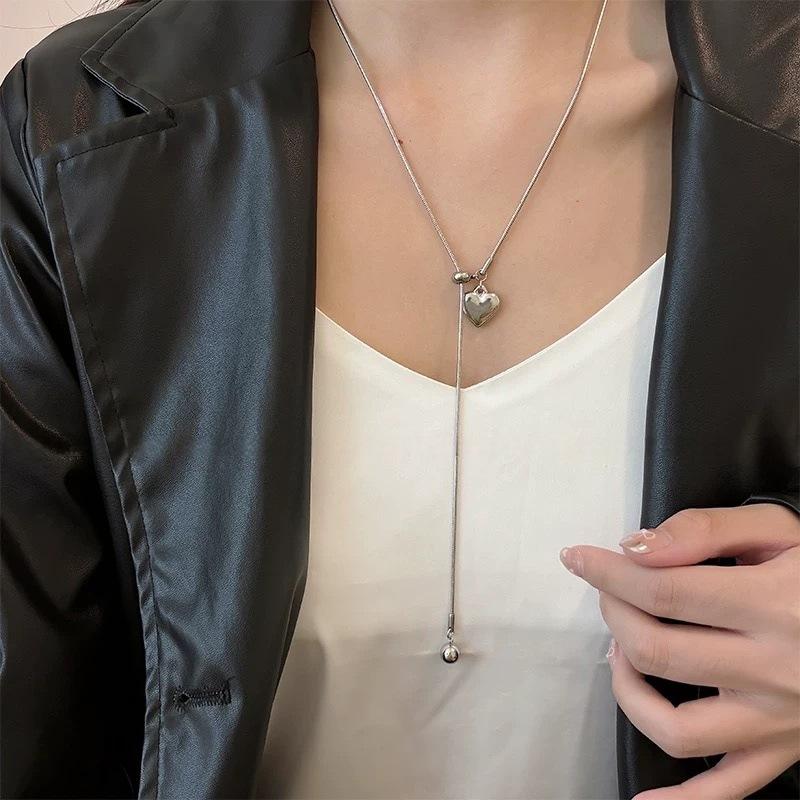 Trend Heart Pendant Drawstring Necklace For Women Korean  Long Adjustable Sweater Chain Aesthetic Jewelry Accessories