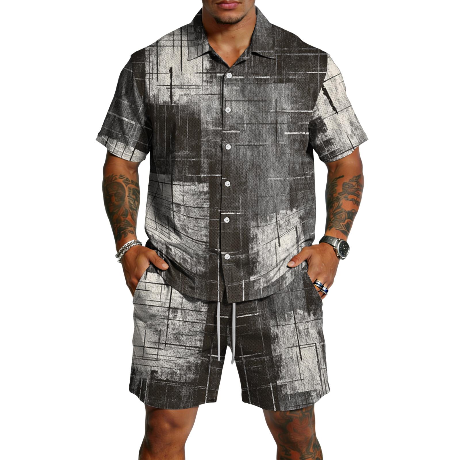 

Men s Casual Lightweight Breathable Short-Sleeve Shirt And Shorts Set L чёрный