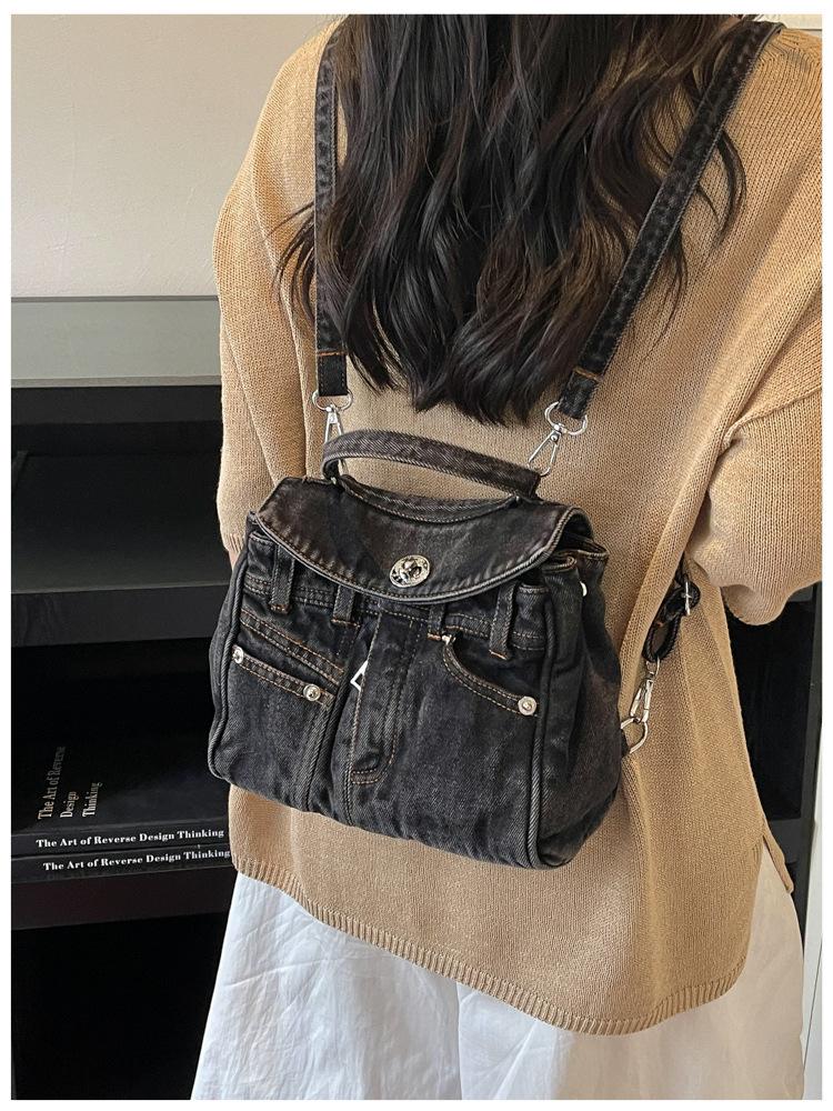 Stylish Denim Handbag Mini Backpack with Detachable Strap and Front Pockets for Casual Wear