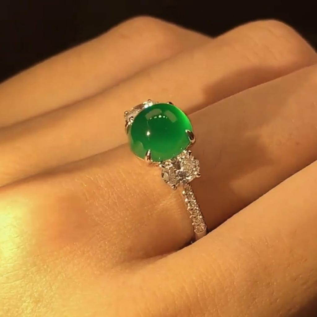 AAA Natural Green Agate Emerald Inlaid with Zircon Green Chalcedony Engagement Ring Created Green Emerald 925 Silver Engagement Wedding Ring Opening