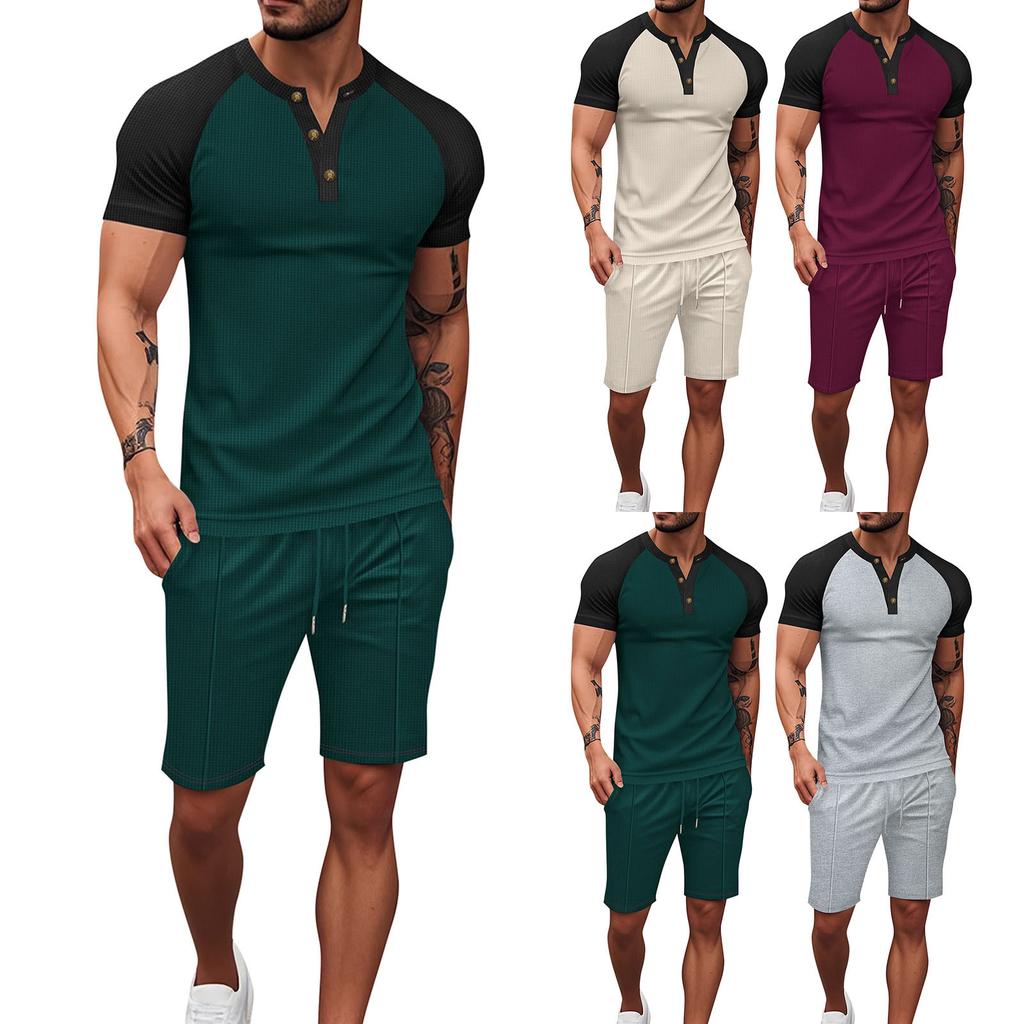 Men's Short Sleeved Shorts Suit Men's Color Matching Casual Round Neck Short Sleeved Shorts Suit
