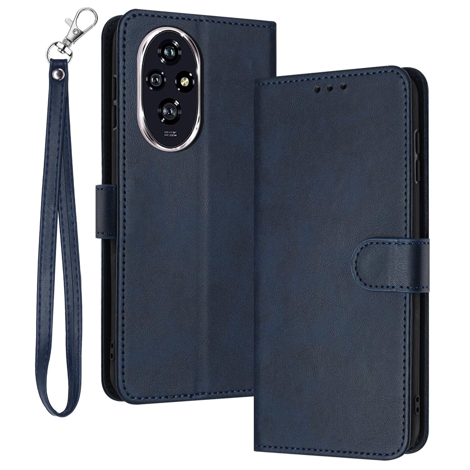 

For Honor 200 Pro 5G Case Calf Texture Leather Phone Cover with Wrist Strap Sapphire