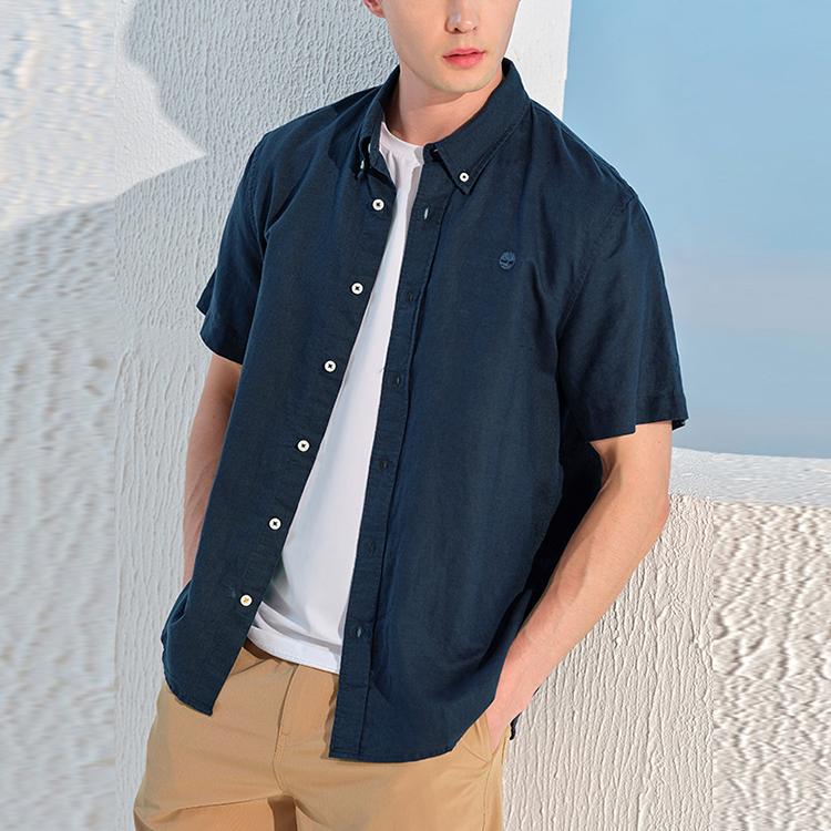 Timberland Jednobarevná venkovní ležérní košile s krátkým rukávem a úzkého střihu pro muže, prodyšná, tmavě safírově modrá A24WG-433