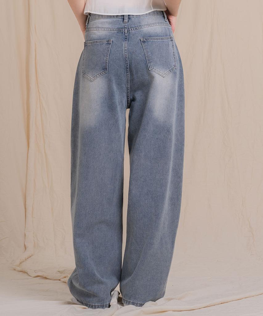 Ellamo 54_1 Women'S One-Pin Tuck Washed Wide Denim Pants (Basic/Long)_Light Blue