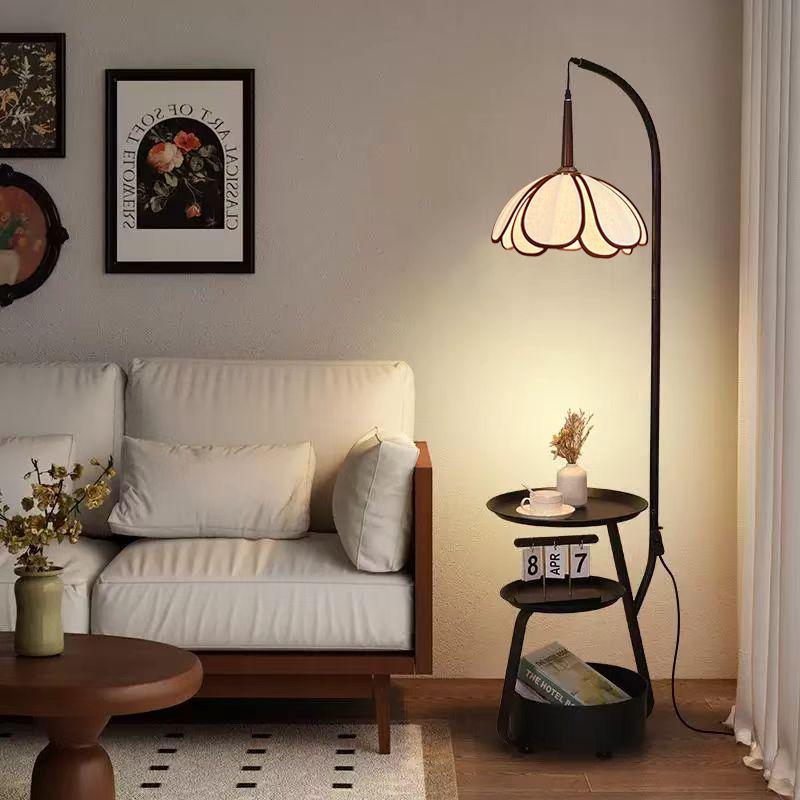 Chinese-Inspired Floor Lamp with Side Table and Storage, Perfect for Living Room Décor