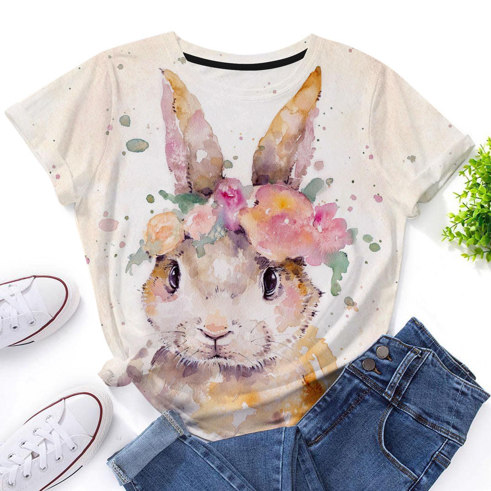 

Cute rabbit floral print casual round neck short sleeved summer fresh women s top 3D digital print 3443 EMA 4XL
