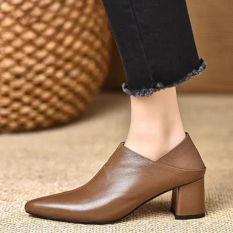 Comfortable Black Soft Leather 5.5cm High Heels Pointed Toe Chunky Heel Women's Shoes Versatile Deep Mouth Single Shoes