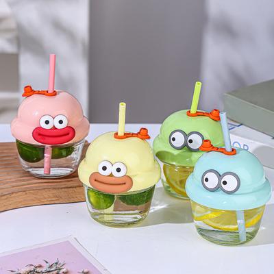 Glass Tumbler with Straw And Lid 210ml Reusable Iced Coffee Cup Cute Cartoon Drinking Cup for Water Matcha Travel