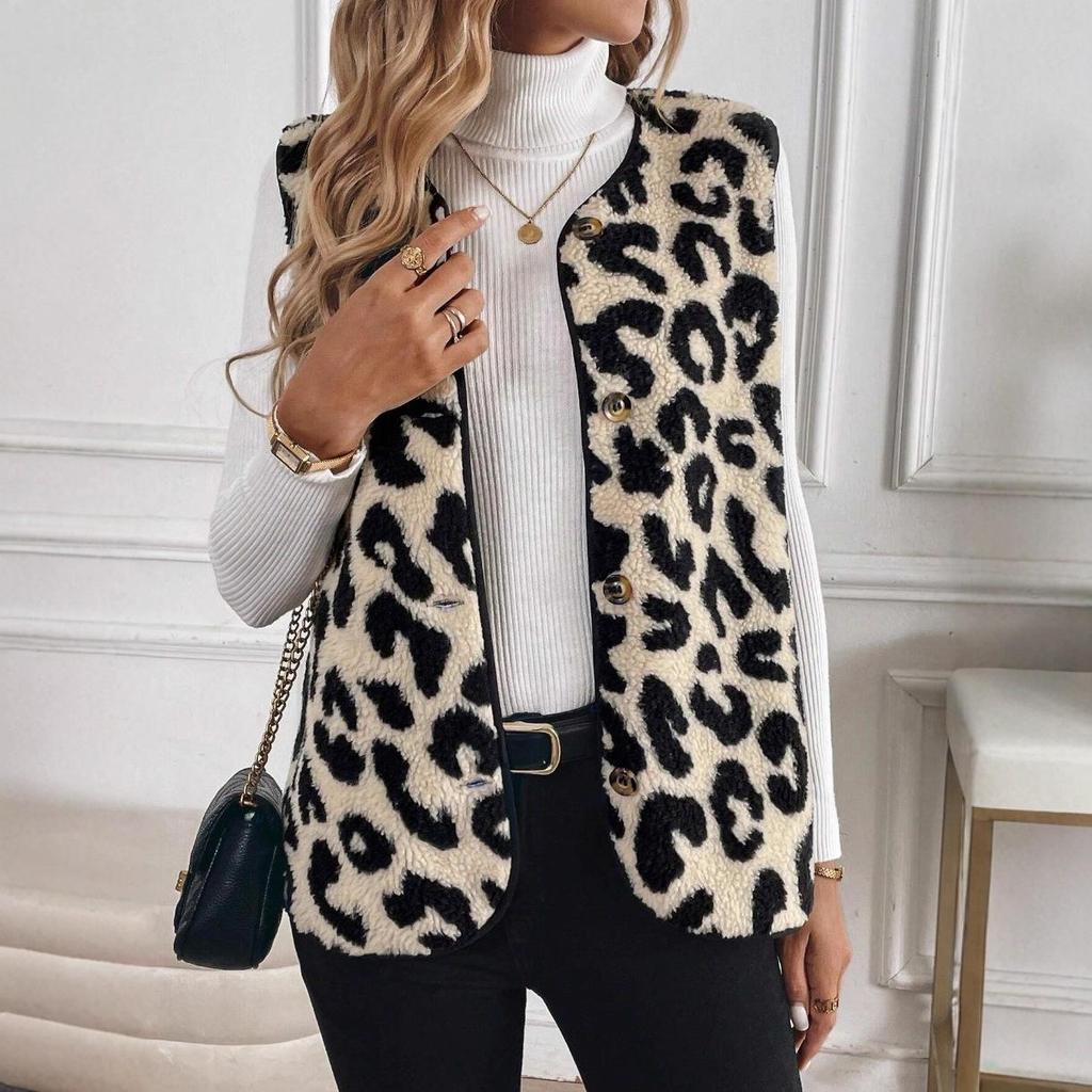 2025 Women's Leopard Print Button-Front Plush Vest - European/American Autumn/Winter Fashion