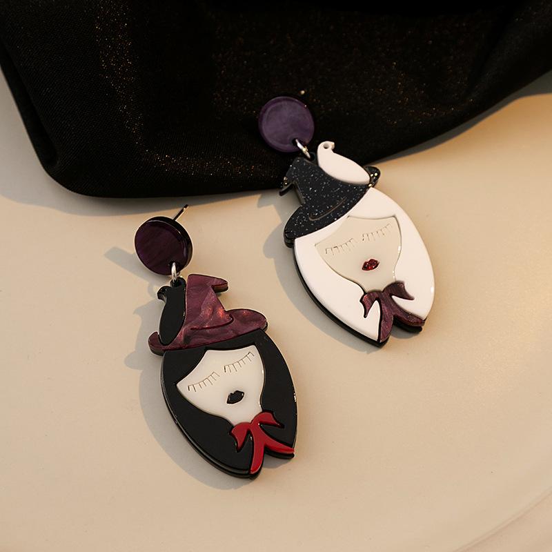 Design Witch Asymmetric Earrings, Creative Cartoon Acrylic Earrings, Black And White Splicing Earrings.