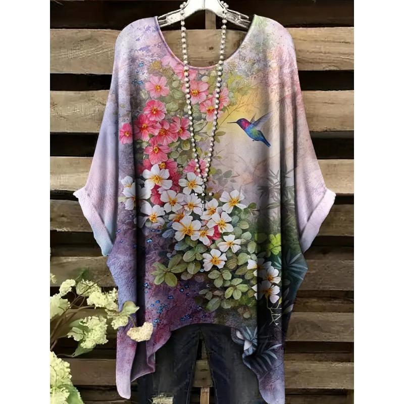 T-shirt Estiva da Donna Stampa Colibrì Pavone Girocollo Coda Comoda Manica Corta Oversize Orlo Irregolare Top