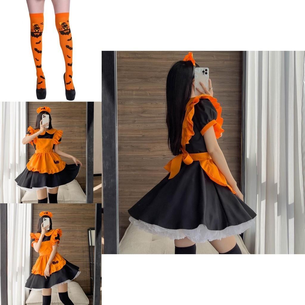 Feminine Lolita Halloween Party Dress With Pumpkin Apron And Headdress