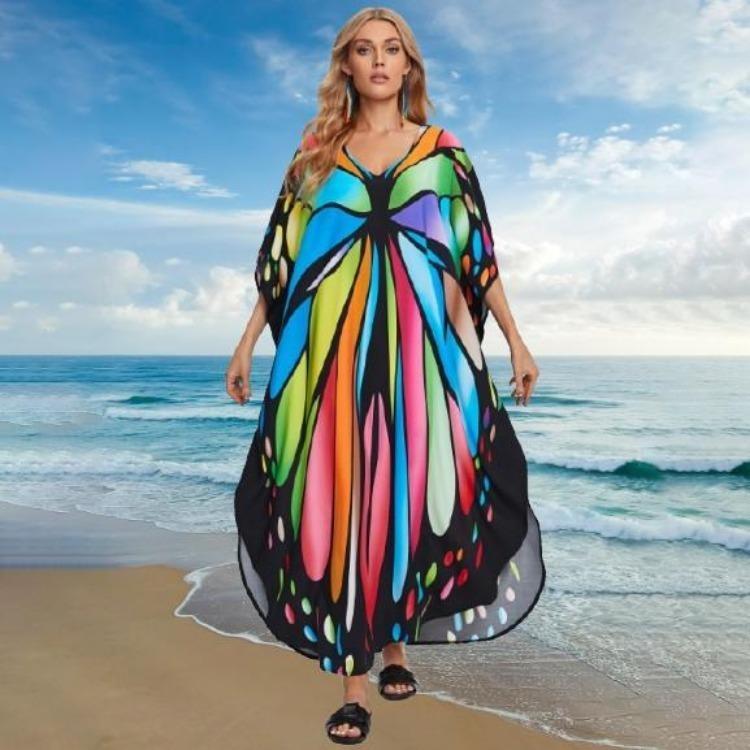 Colorful Printed Boho Beach Kaftan Dress Women Plus Size Maxi Summer Cover Up Rayon Bathing Suit