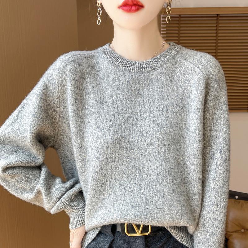 

2025 Весна/Осень Корейский Стиль Золотая и Серебряная Нить Круглый Вырез Шерстяной Свитер – Женская Универсальная Модная Базовая Рубашка S серый