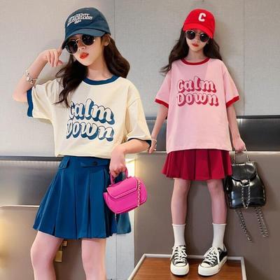 Summer Teenager Girls Cloth Short Sleeve Letters Striped T Shirt + Cargo Skirt Dress Children Set