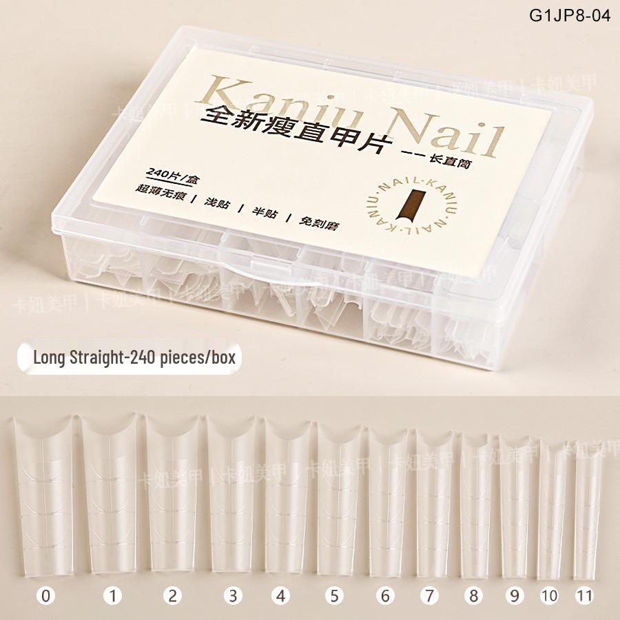 

Kaniu Long Oval T-Shape Nail Tips with Guide Lines – Shallow Half Cover, Slim & Straight