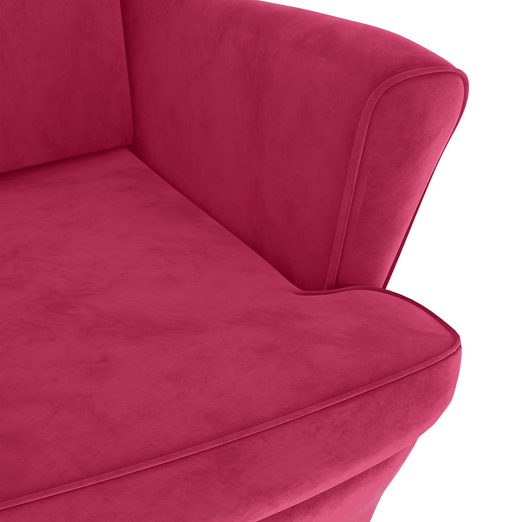 Velvet Armchair with Footstool in Burgundy Red