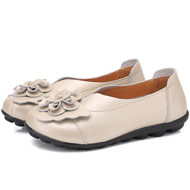 Spring Summer Cowhide Flower Mother Shoes Comfortable Bean Women's Shoes Flat Shoe Women's Singles Shoes