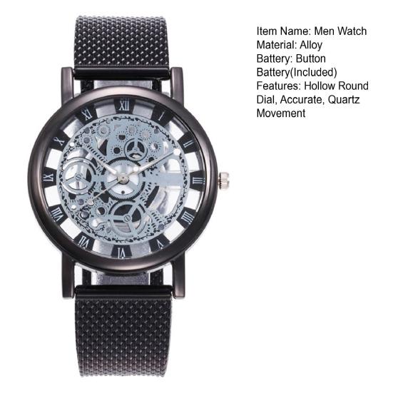 Men Hollow Round Dial Watch Vintage Casual Formal Dress Watch Quartz Movement Wristwatch Fashion Jewelry Accessories