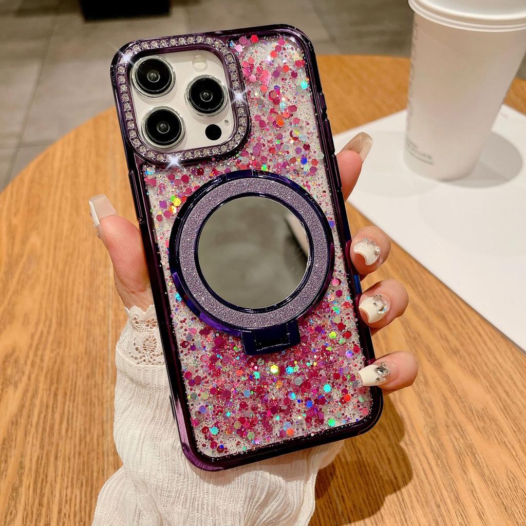 Mirror Magnetic Bracket for Apple 16 Phone Case New 15promax Water Diamond Luxury 14 Drop Glitter Powder Case